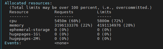 patch 후 describe node의 Allocated resources — cpu requests 5450m(68%), limits 5800m(72%), memory 3196533376(22%)로 증가했다